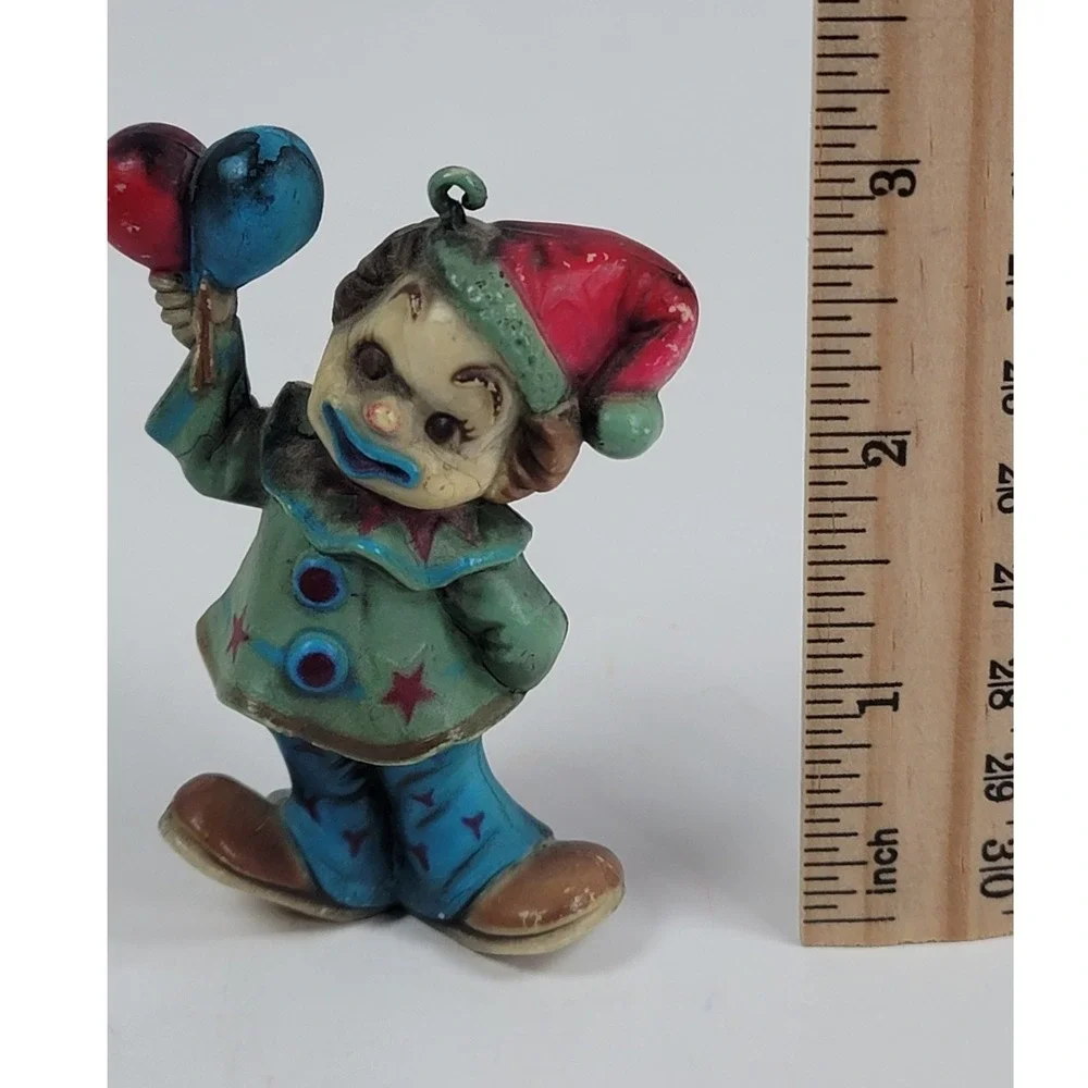 Vintage Clown Figurine Ornament with Balloons Green Jacket Red Hat 2.75 Inch